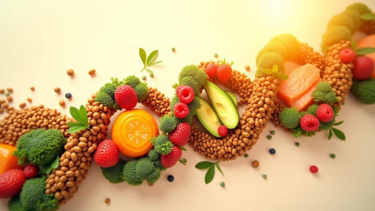 Artistic swirl of diverse, vibrant fruits, vegetables, and proteins forming a DNA helix structure